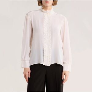 Sandro Paris Ruffle Silk Button Up Shirt
